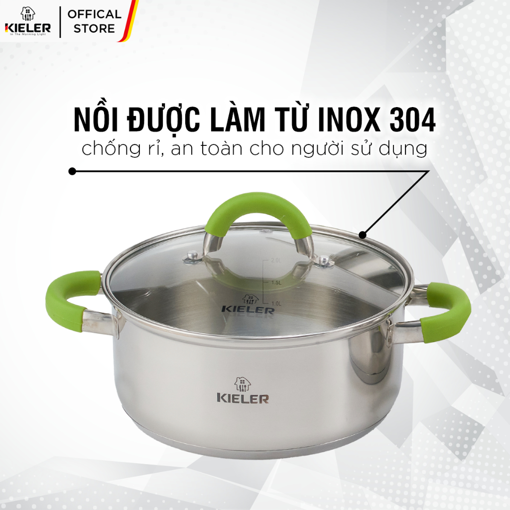 Nồi Inox 5 đáy KIELER đáy từ 18cm nấu nhanh, tiết kiệm điện, có 2 lớp chống dính Whitford ít bám dầu mỡ RW1003-18