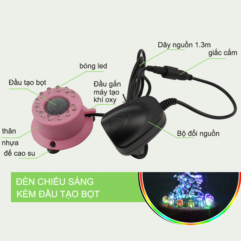 Bộ đèn led tự đổi màu kèm máy bơm sủi bọt khí oxy cho bể cá cảnh, 12 bóng