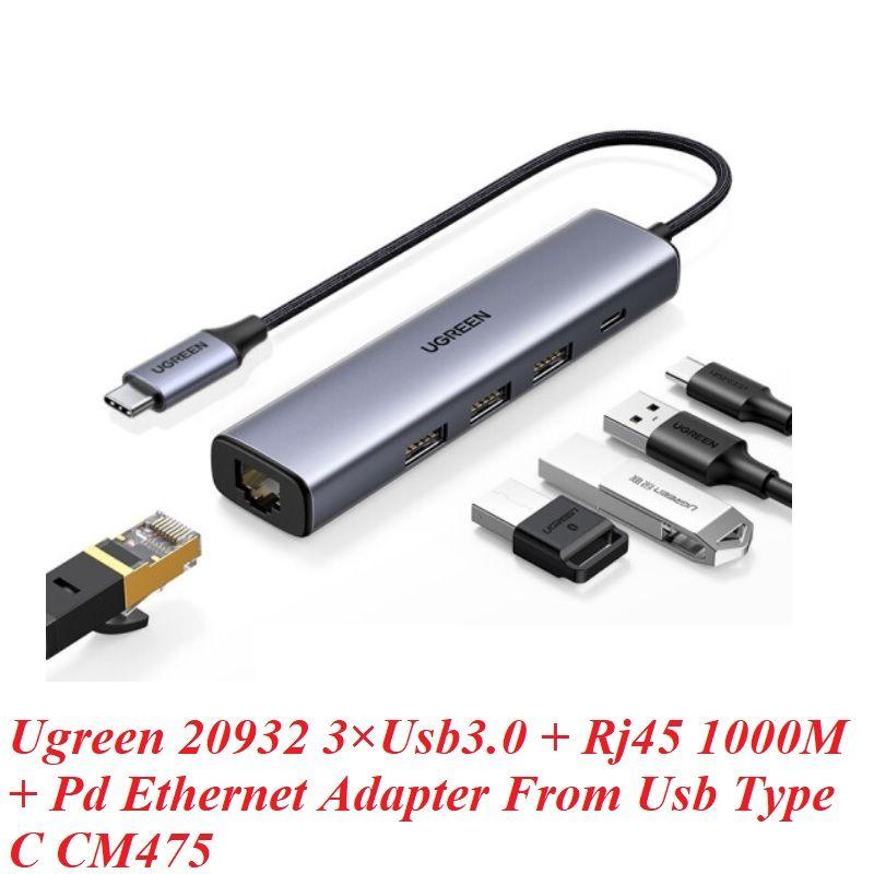 Ugreen UG20932CM475TK 5 trong 1 USB type C ra Usb3.0 + Rj45 1000M gigabits Ethernet + Pd Adapter - HÀNG CHÍNH HÃNG