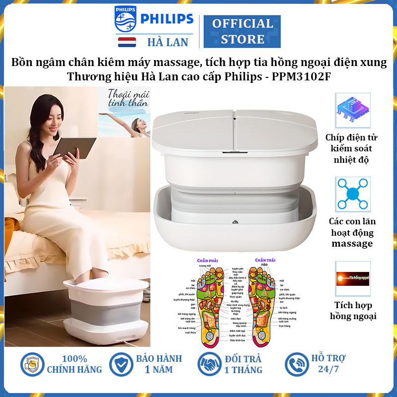 Bồn ngâm chân kiêm máy massage tích hợp tia hồng ngoại thương hiệu cao cấp Philips PPM3102F - Hàng Chính Hãng