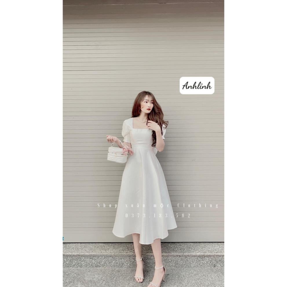Siêu Phẩm Váy Trắng Cổ Vuông Nơ Lưng Cực Xinh Cho Các Chị Em Đi Cưới, Hỏi, Sinh Nhật...
