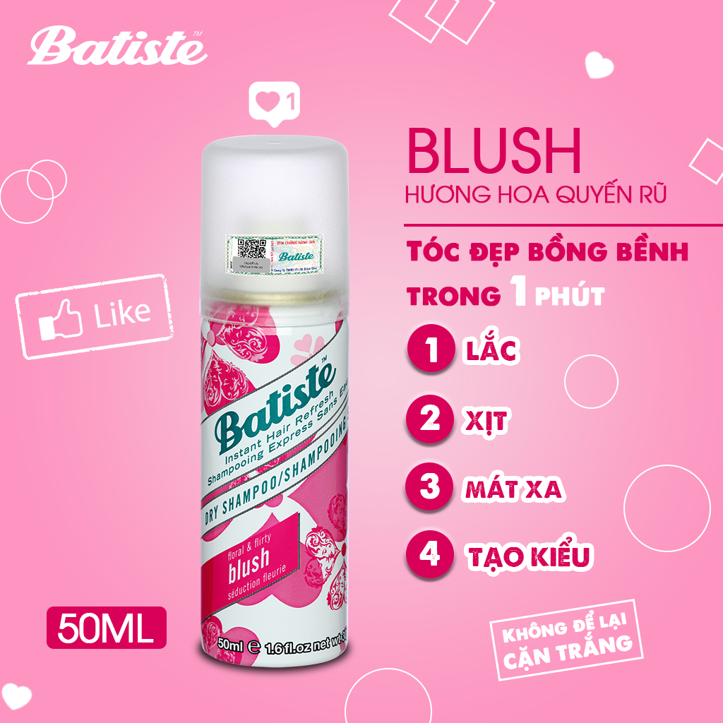 Dầu Gội Khô Batiste Dry Shampoo 50ml Hết Ngứa, Hết Bết Dính Tóc Bồng Bềnh Bóng Mượt Tức Khắc