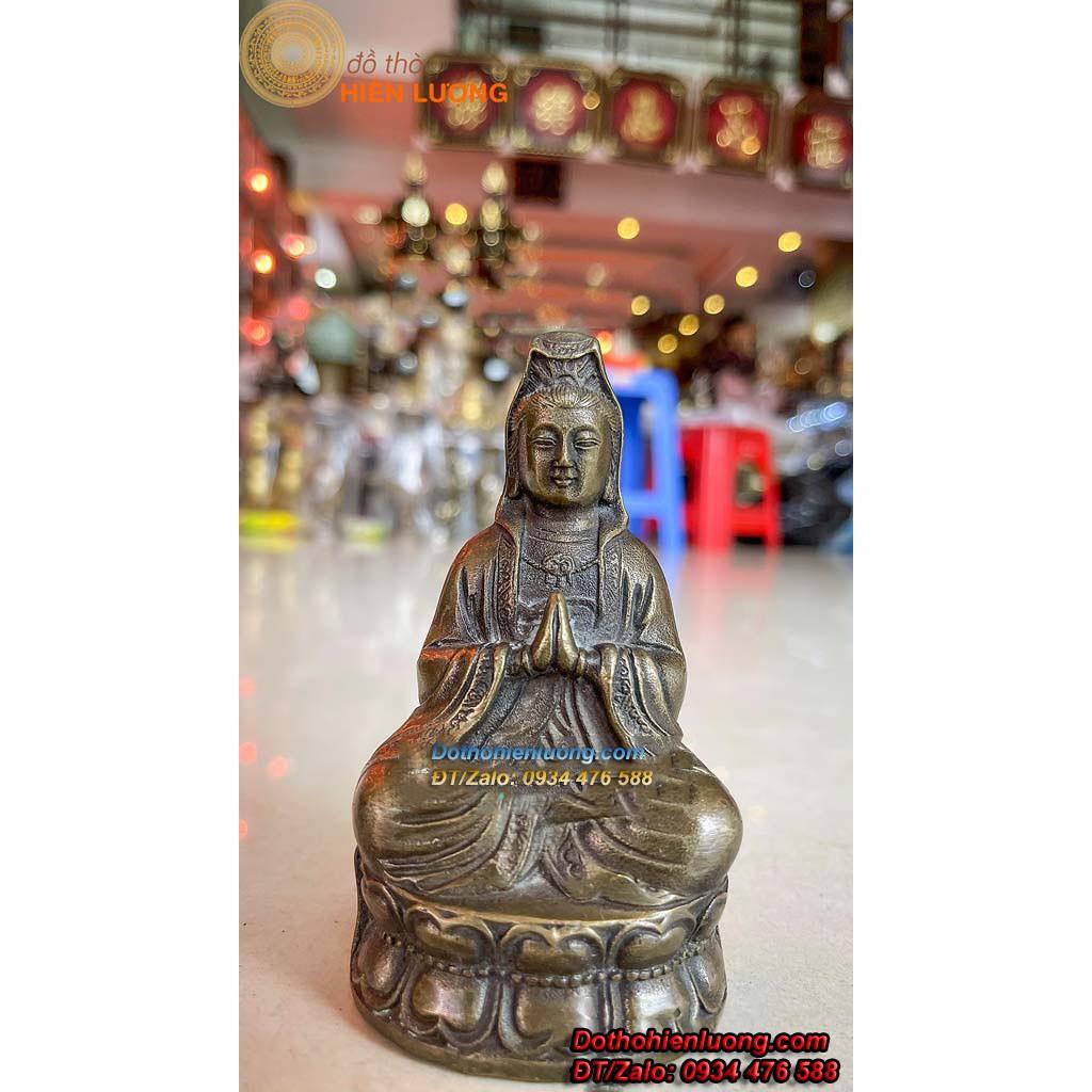 Tượng Phật Quan Âm Ngồi Đài Sen Bằng Đồng Vàng Màu Giả Cổ