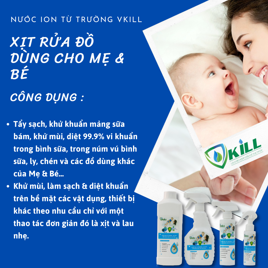 Nước rửa đồ dùng cho mẹ và bé Vkill 1000ml công nghệ Nhật Bản khử khuẩn nhanh, sạch, an toàn với ion từ trường