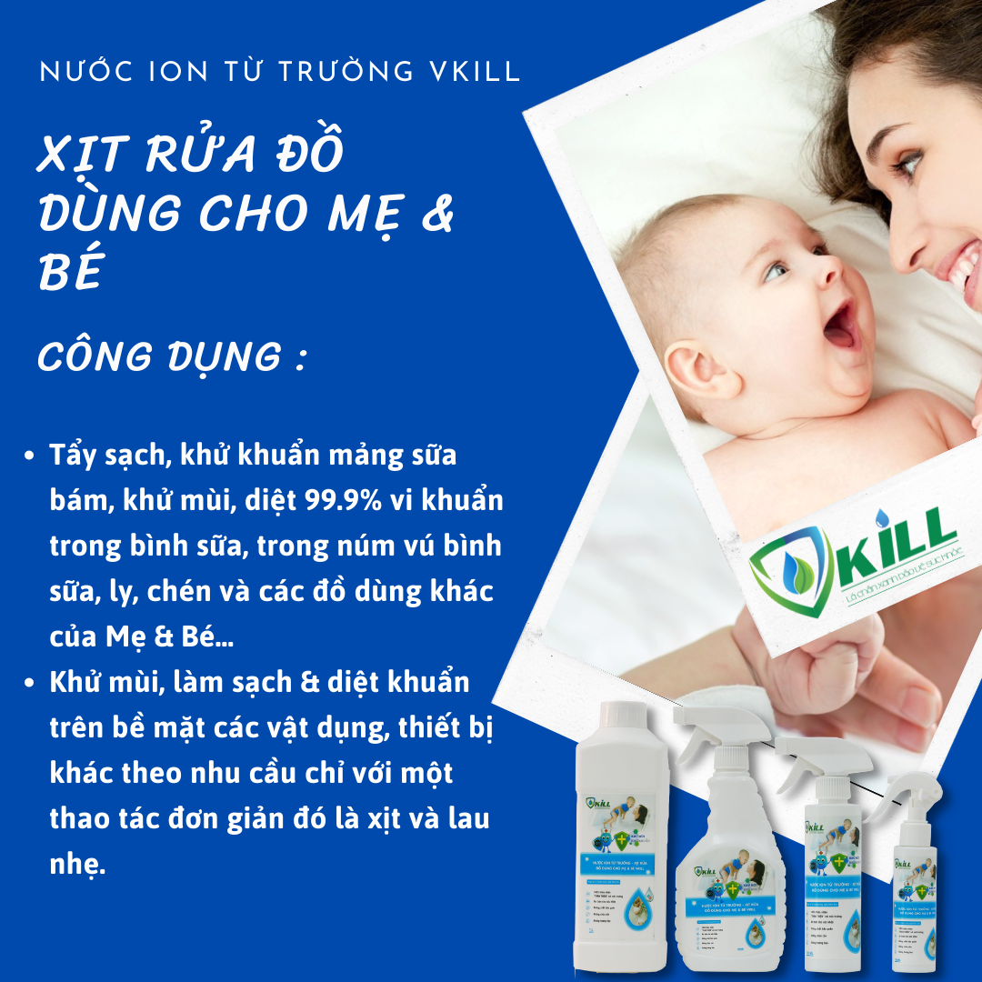 Nước rửa bình sữa đồ dùng cho mẹ và bé Vkill 100ml an toàn hơn với ion từ trường