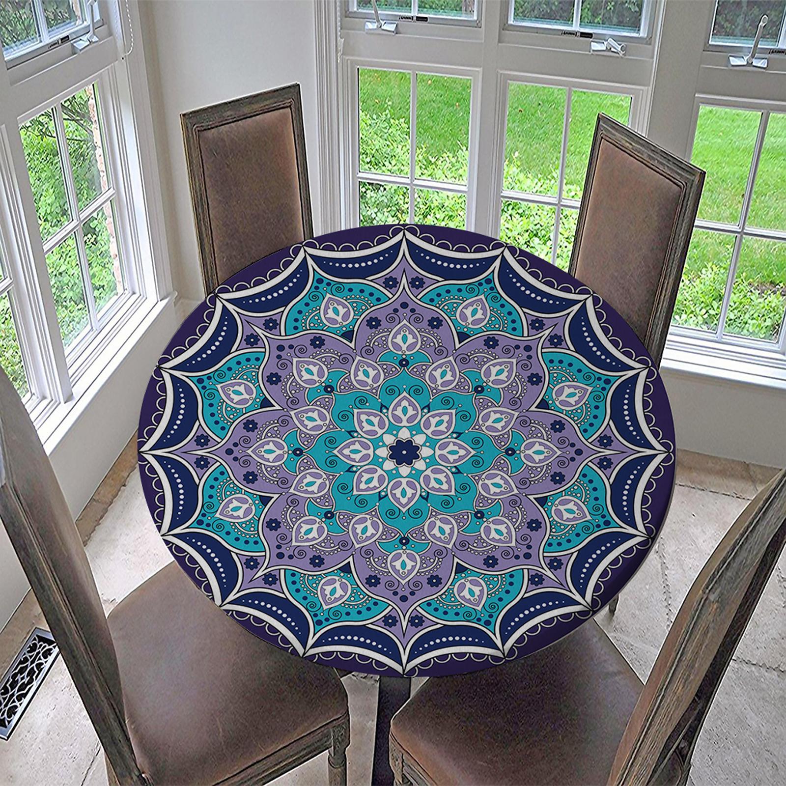 Round Fitted Tablecloth Table Cover Elastic Polyester Waterproof Non Slip