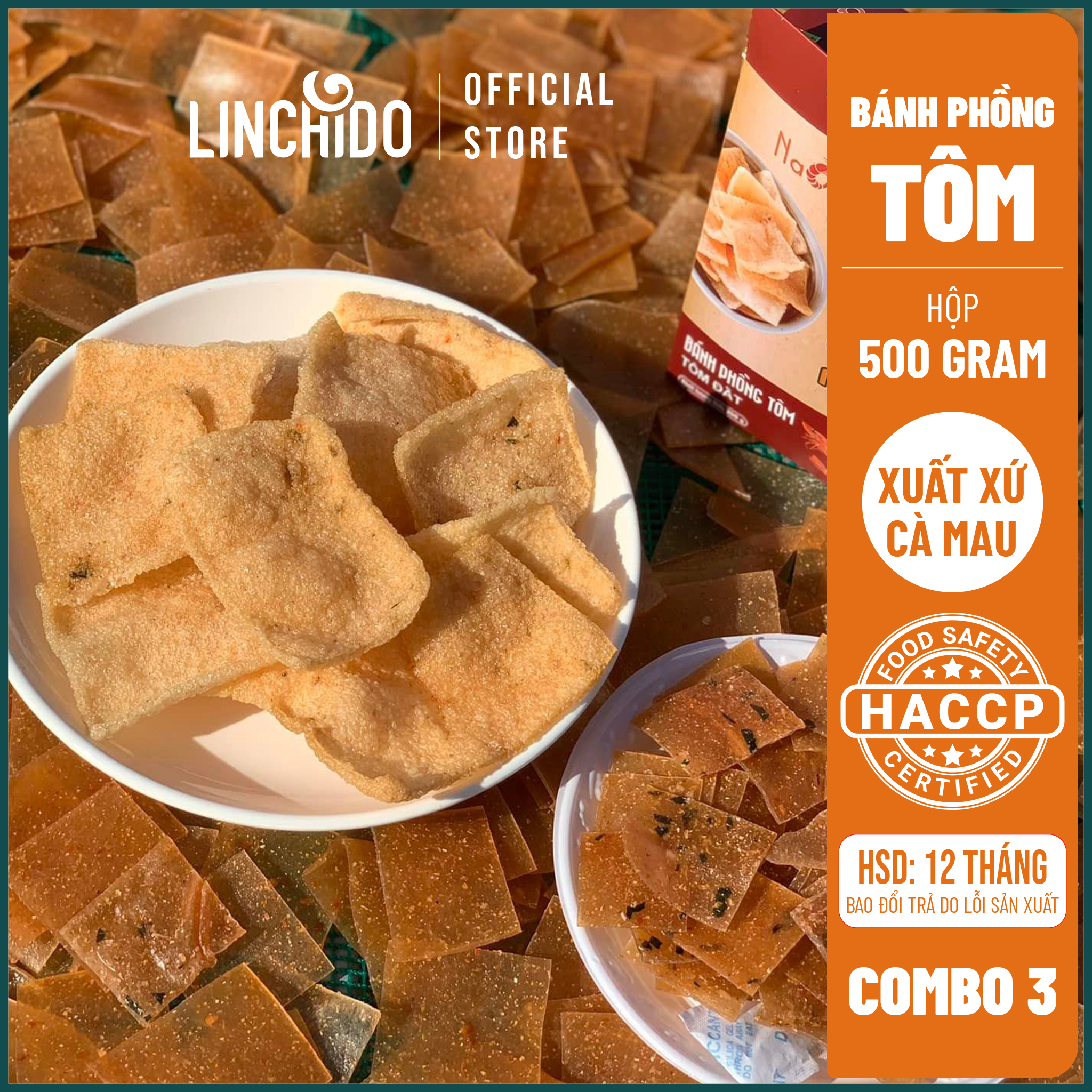 COMBO 3 Hộp - Đặc sản Cà Mau - Bánh Phồng Tôm Năm Căn - Loại Thượng Hạng ( Hộp 500 GRAM )