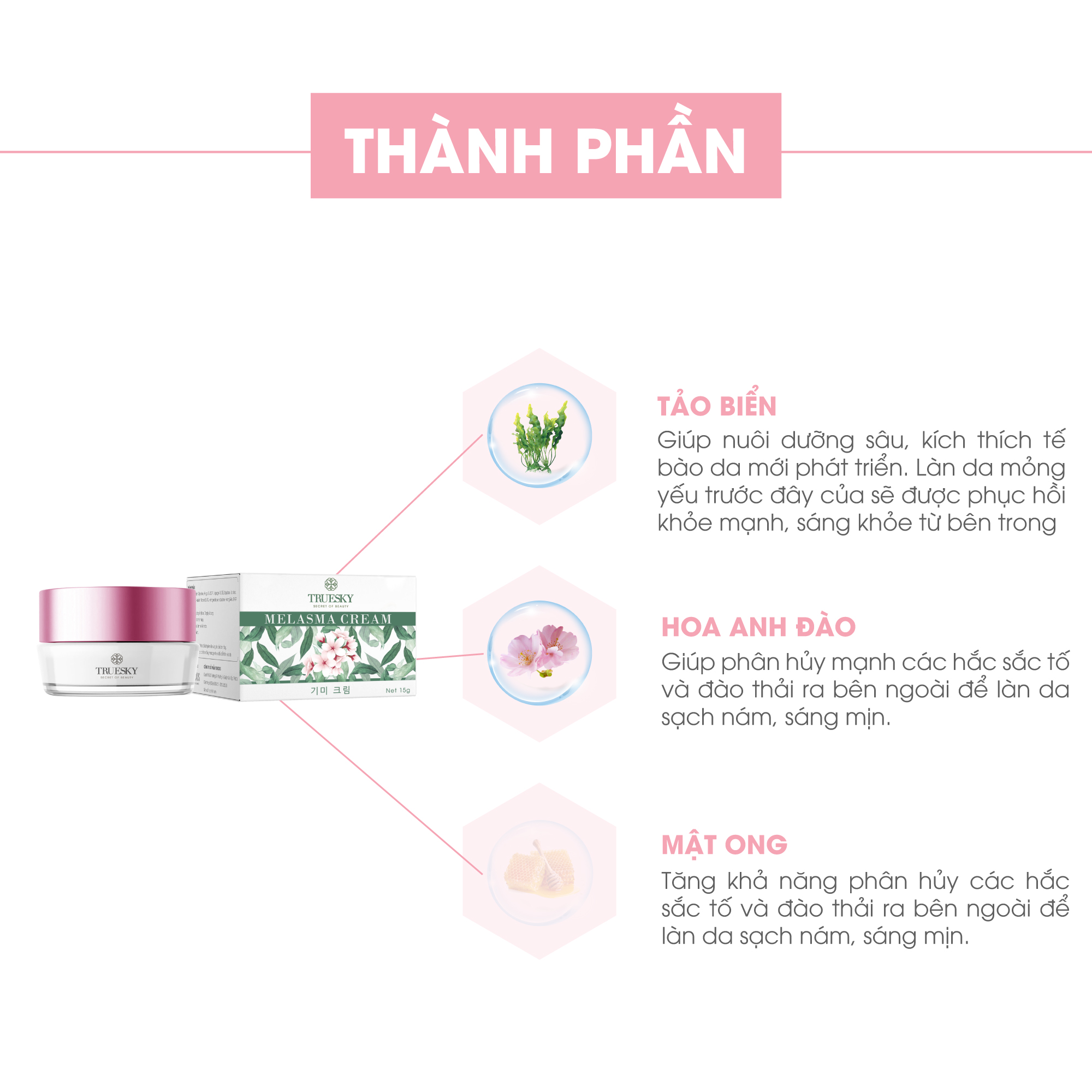 Bộ sản phẩm làm mờ nám da mặt Truesky V04 gồm 1 kem nám da Melasma Cream 15g + 1 gel tẩy tế bào chết Scrub Gel 60ml + 3 miếng mặt nạ trắng da Truesky