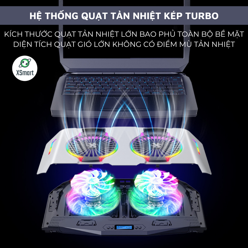 Đế Giá Đỡ Quạt Tản Nhiệt N9 Cao Cấp Hệ Thống Quạt Kép Turbo Cực Mát Led RGB 7 Chế Độ, Chất Liệu Hợp Kim Nhôm Cao Cấp, Tương Thích Với Laptop Dưới 17Inch-Hàng Chính Hãng