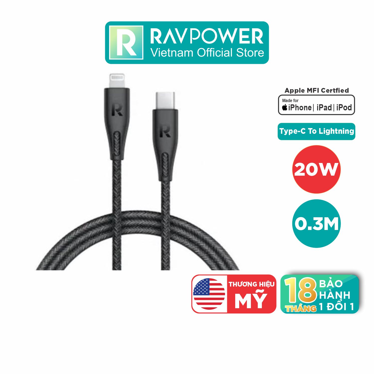 Dây Cáp Sạc Lightning Cho iPhone, iPad Chuẩn MFI ( Type C To Lightning) - RP-CB1003 Dài 0.3m - Hàng Phân Phối Chính Hãng