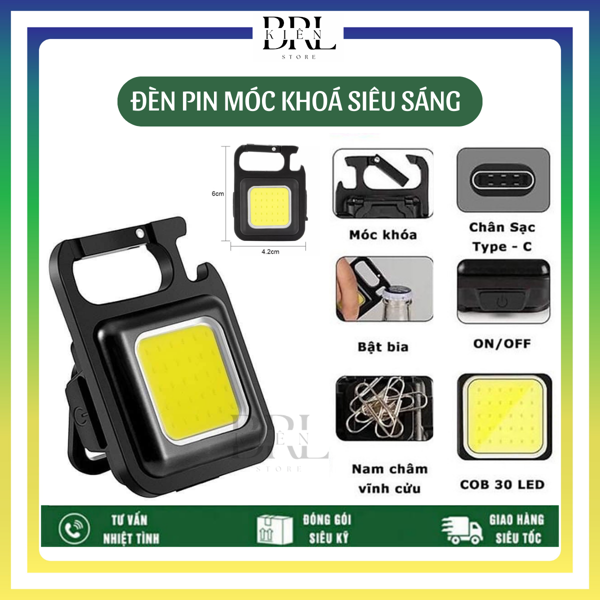 Đèn pin mini kiêm móc khoá siêu sáng ,3 Chế Độ Sáng Kèm Dây Sạc USB - Type C, đèn led móc khoá đa năng , nhỏ gọn