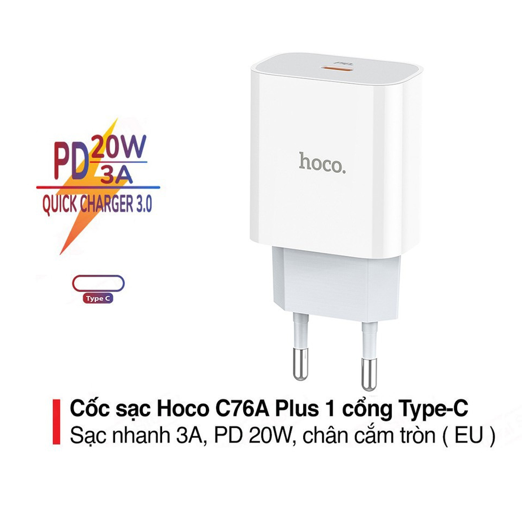 Củ sạc PD20W Hoco C76A PLus chuôi tròn 1 cổng Type-C dành cho mọi thiết bị - Hàng chính hãng