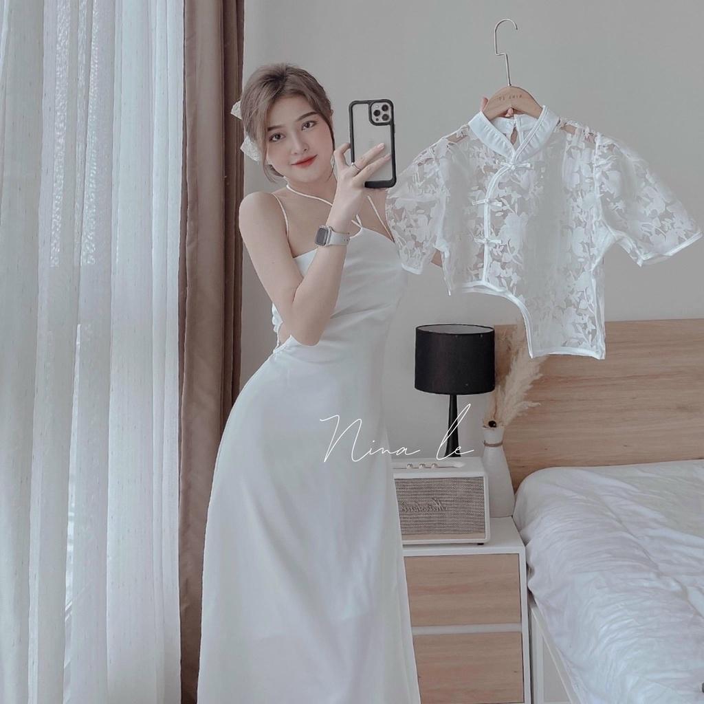 Set đầm 2s midi trắng khoét e kèm áo croptop voan hoa nổi cổ tàu áo dài cách tân trung hoa mẫu chi nina lê tết xuân