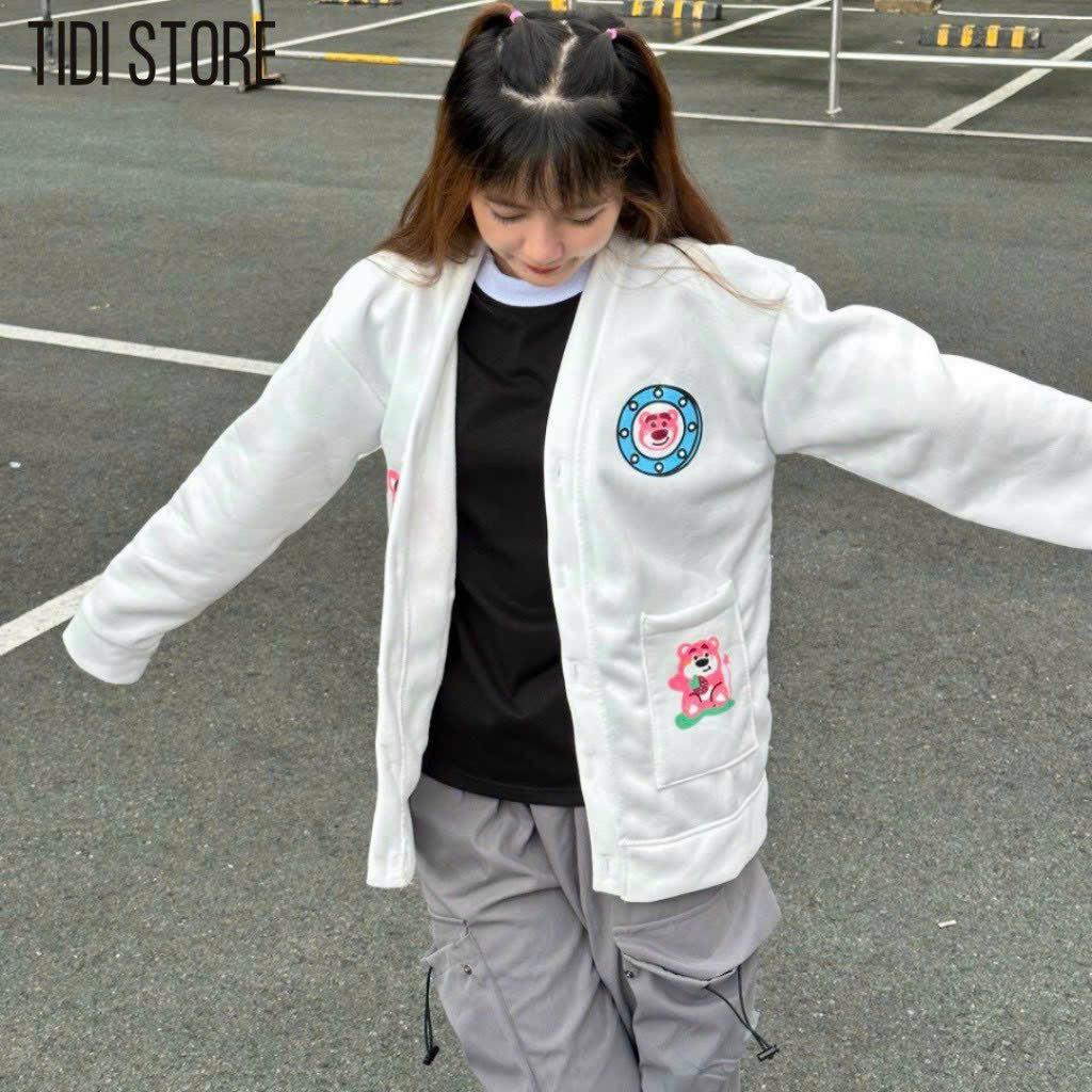 Áo Khoác Nỉ Cardigan nữ Unisex Trước Áo Có In Hình Gấu Dâu Dễ Thương HTM FASHION