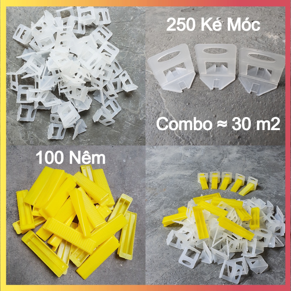 Combo 350 Ke Lát Gạch Gồm 250 Ke Móc Và 100 Nêm Chốt - Nhựa PP Nguyên Sinh - Mạch Gạch 1mm - 1.5mm - 2mm