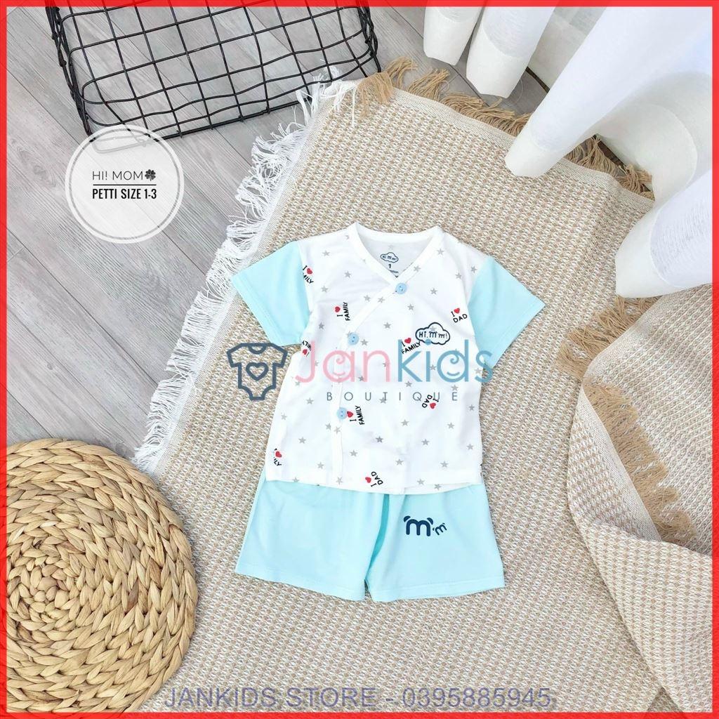 Bộ quần áo sơ sinh cộc tay cài cúc lệch HI! MOM chất petit thun lạnh hoạ tiết I love Dad/Mom/Family phối tay, quần màu