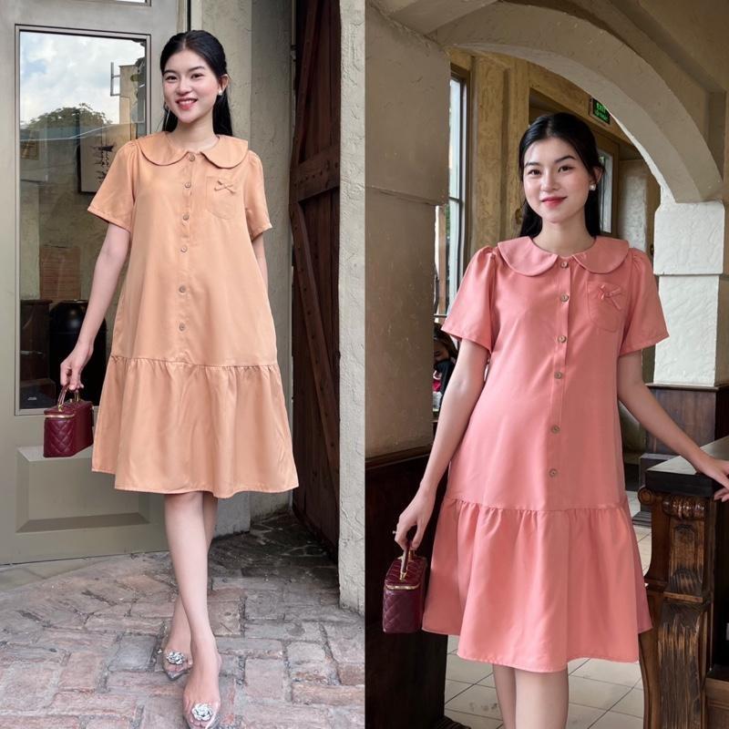 Đầm bầu công sở form đuôi cá phối nút cổ sen chất cotton lạnh đồ bầu đẹp dễ thương - Xanh rêu