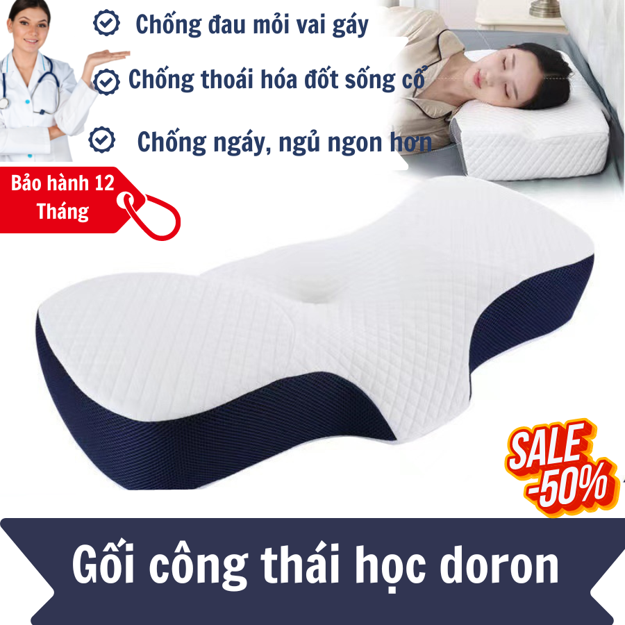 Gối công thái học Doron - Chống đau mỏi vai gáy, ngủ ngáy, dễ vào giấc - Thiết kế riêng cho nằm ngửa và nằm nghiêng