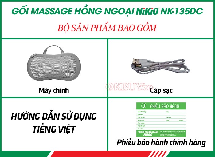 Gối Massage Hồng Ngoại, Máy Mát Xa Cổ Vai Gáy, Matxa Toàn Thân Nikio NK-135DC - Công Nghệ Xoa Bóp Chuyên Sâu, Sưởi Ấm Hồng Ngoại - Pin sạc