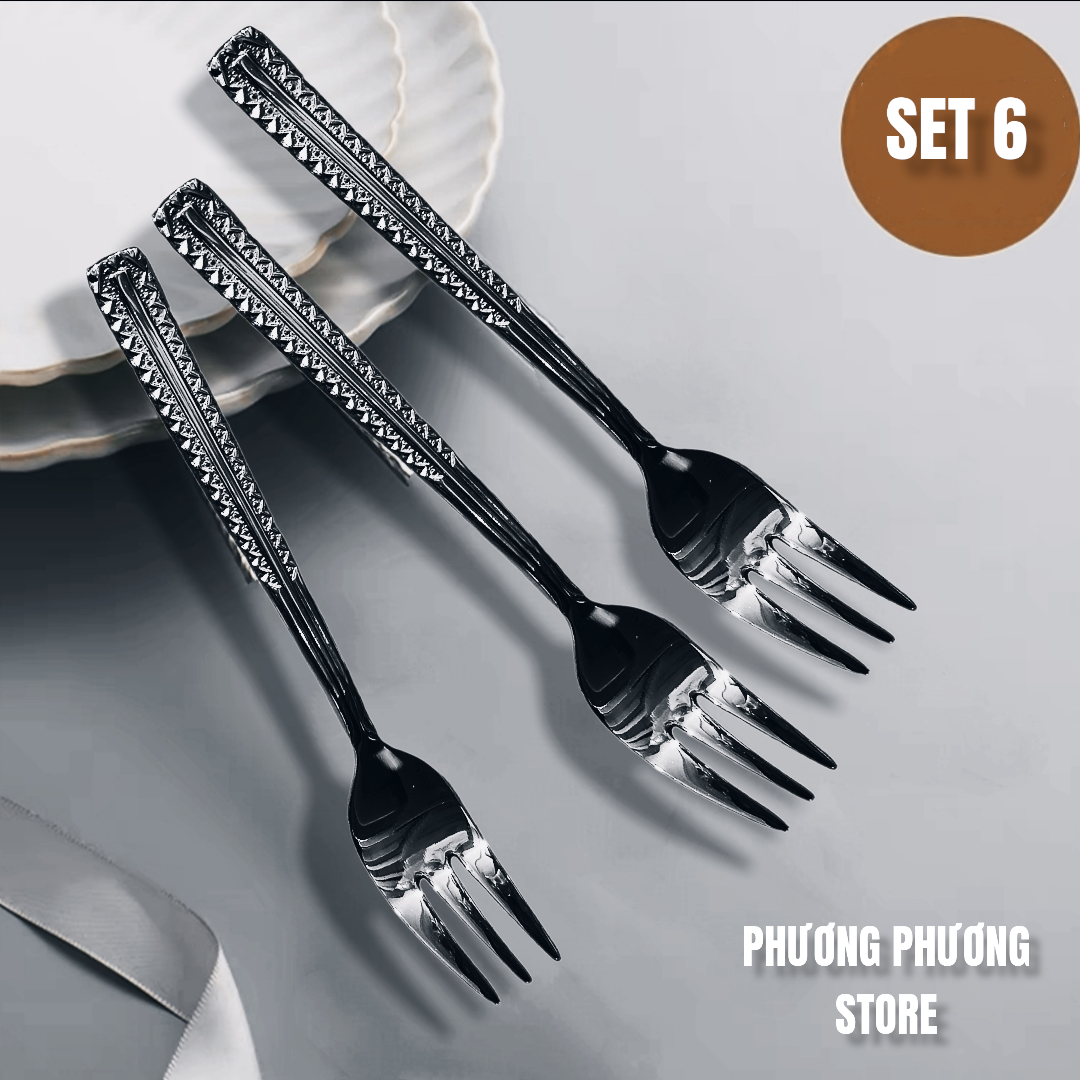 COMBO SÉT 6 NĨA / DĨA 3 RĂNG HOA VĂN CAO CẤP DÀI 14,5 CM HÀNG INOX SÁNG BÓNG XỊN SÒ