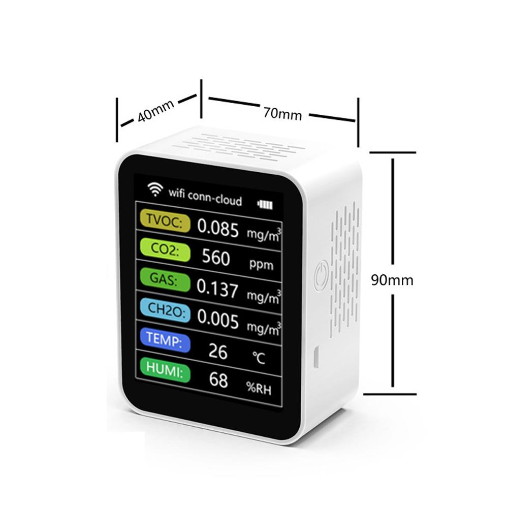 Tuya WiFi Portable Home Office Indoor Desktop Air Quality Detector 6 In 1 Multifunctional Detector TVOC CO2 Gases CH2O Temperature Humidity Detecting Intelligent Linkage Mobilephone APP Remotes Viewing