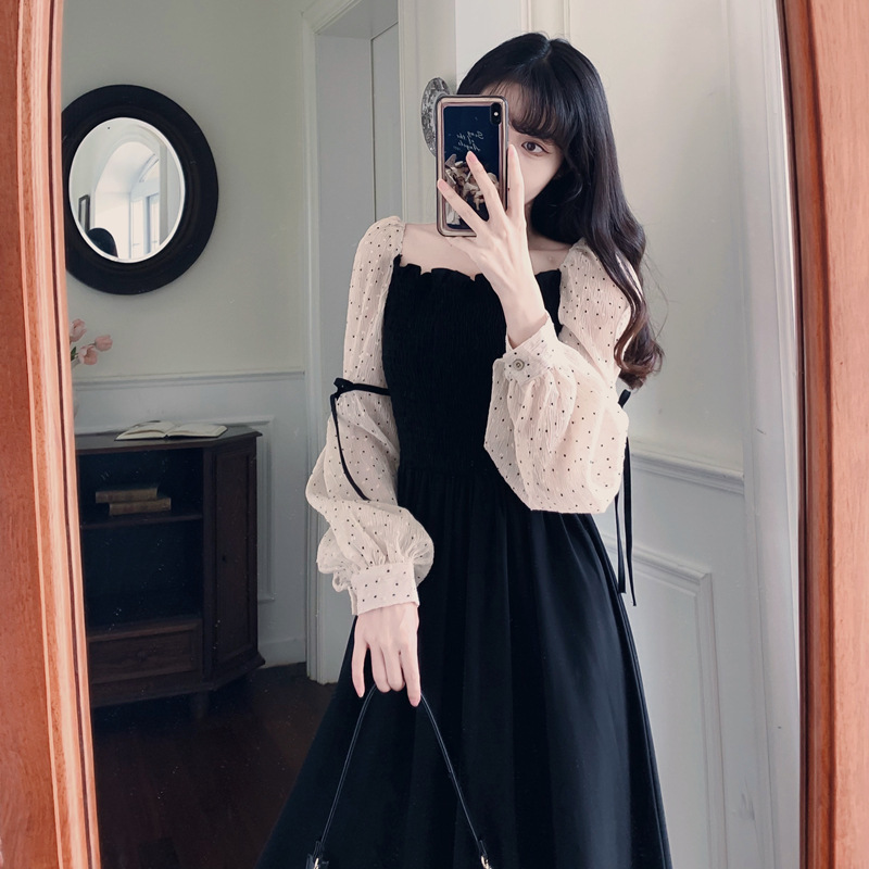 Đầm Nữ Dịu Dàng Cổ vuông xếp ly nhỏ thanh lịch đầm đen cao cấp màu trà nâu siêu cổ tích lưới khâu đầm ngọt ngào Sica19