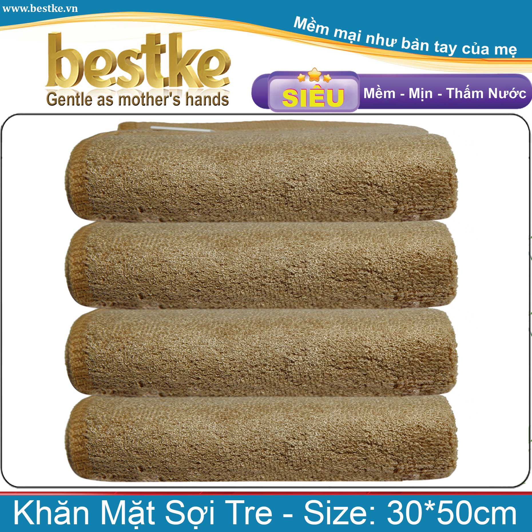 Combo 4 Khăn Mặt sợi tre bestke màu nâu cafe  siêu mềm mịn, thấm hút và không phai màu, size 30*50cm, TL 70g/cái, Bamboo Towels