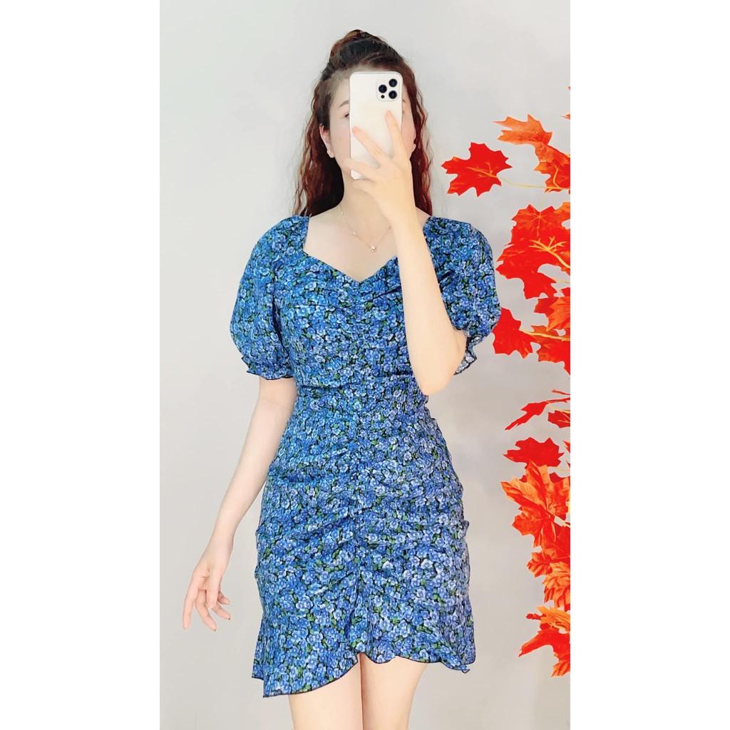Đầm họa tiết hoa lá tay ngắn