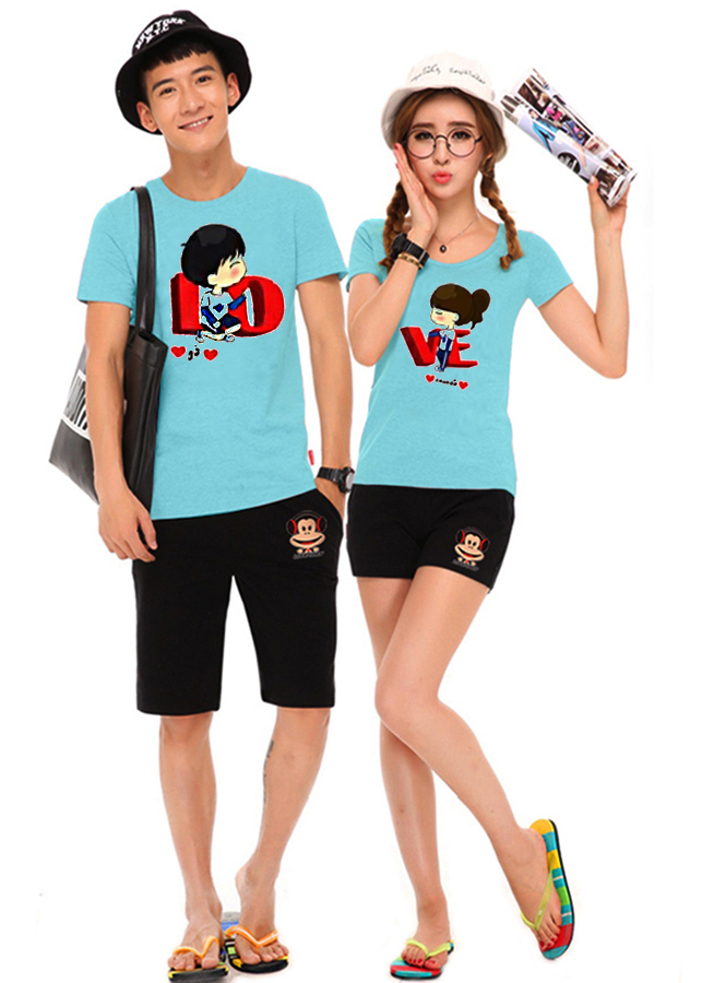 Bộ Áo Thun Đôi Nam Nữ Love Màu Xanh Ngọc