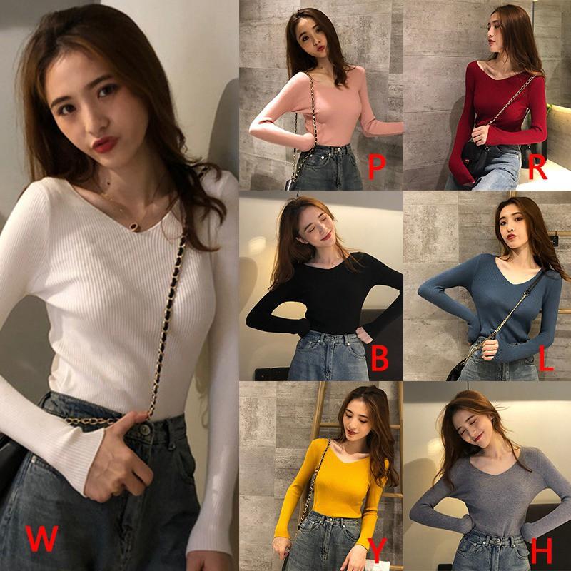 Áo sweater nữ tay dài cổ chữ V màu trơn