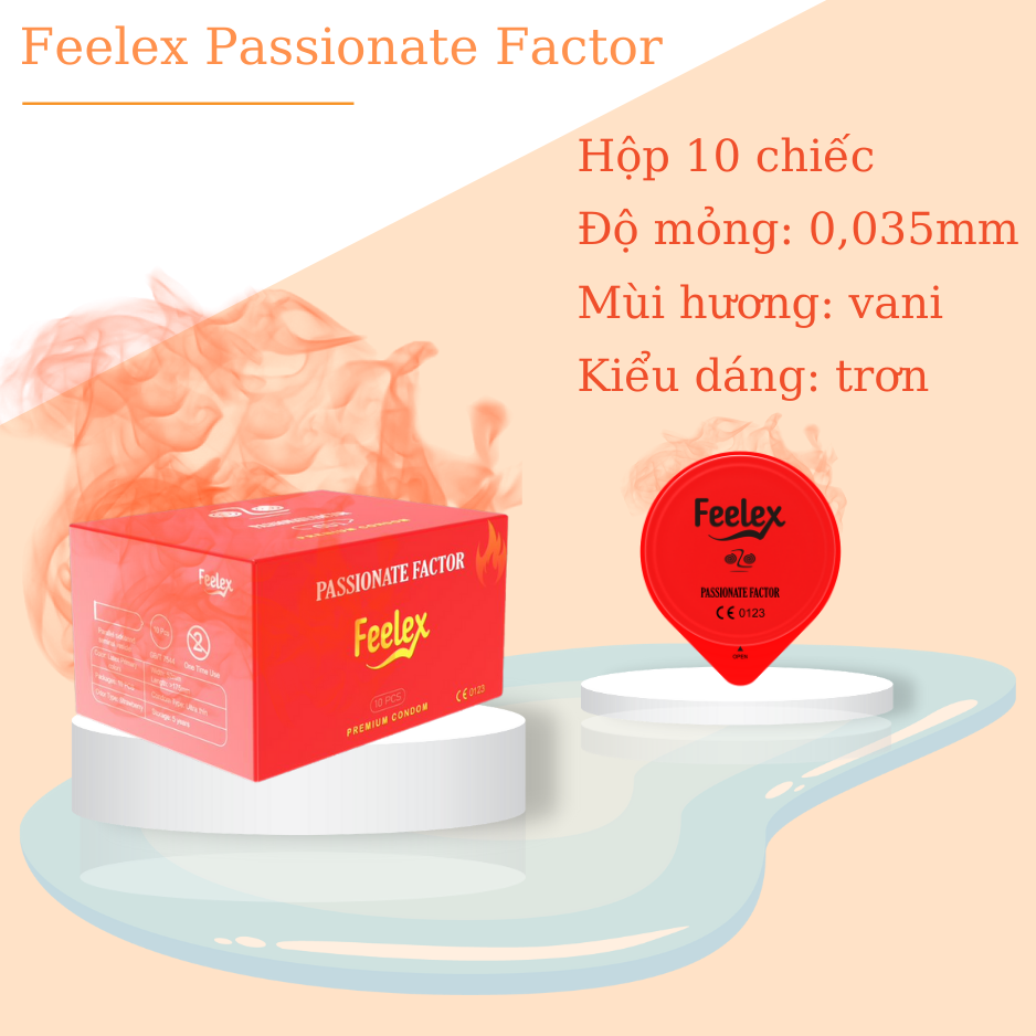 Bao cao su nam Feelex Passionate Factor mỏng, nhiều gel bôi trơn, ấm nóng truyền nhiệt - Hộp 10 bcs