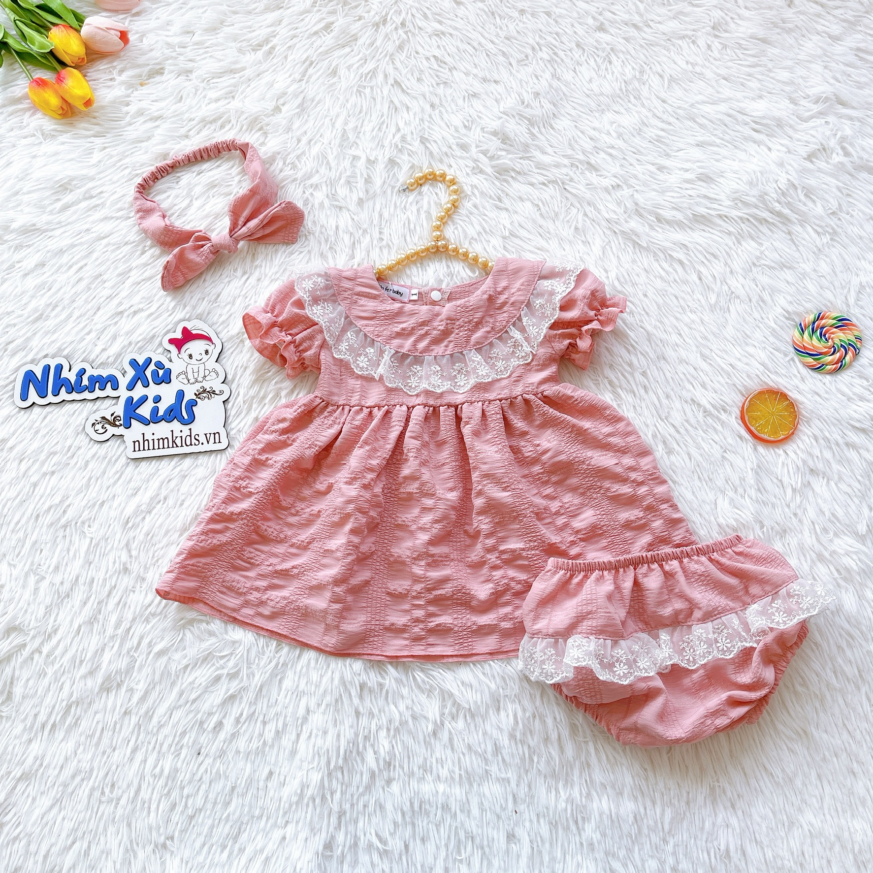 Váy Lolita Hồng Pastel Cho Bé Gái Sơ Sinh Đến 15kg Chất Đũi Xốp Mát Rượi