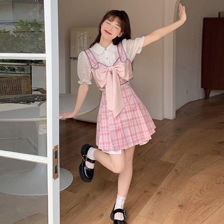 CHENGRUI tây ngọt ngào cay giảm tuổi học viện phong nửa người váy hai mảnh jk váy mùa hè dễ thương thiếu nữ cung bộ