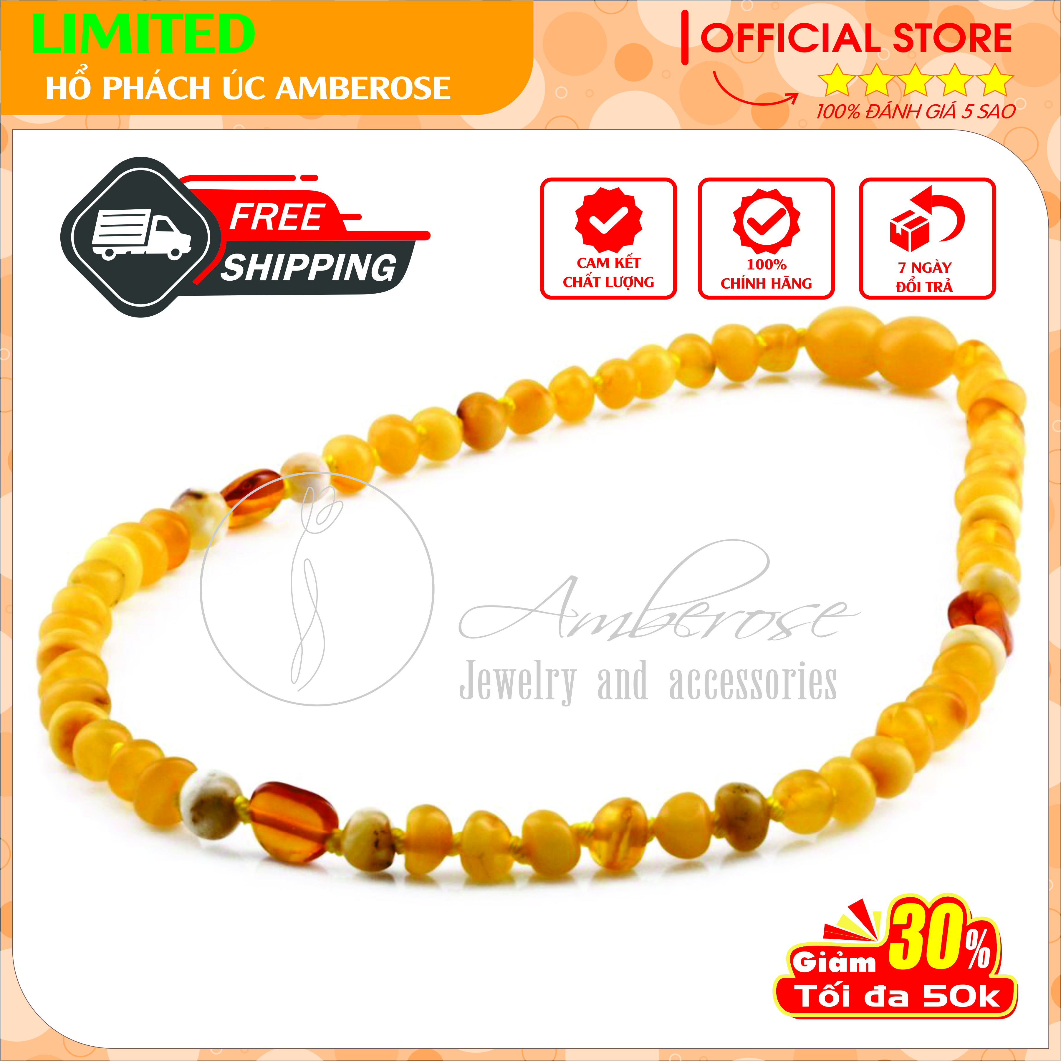 Vòng Cổ Hổ Phách Amber Úc Cho Bé 0 - 10 tuổi VCABLMT9