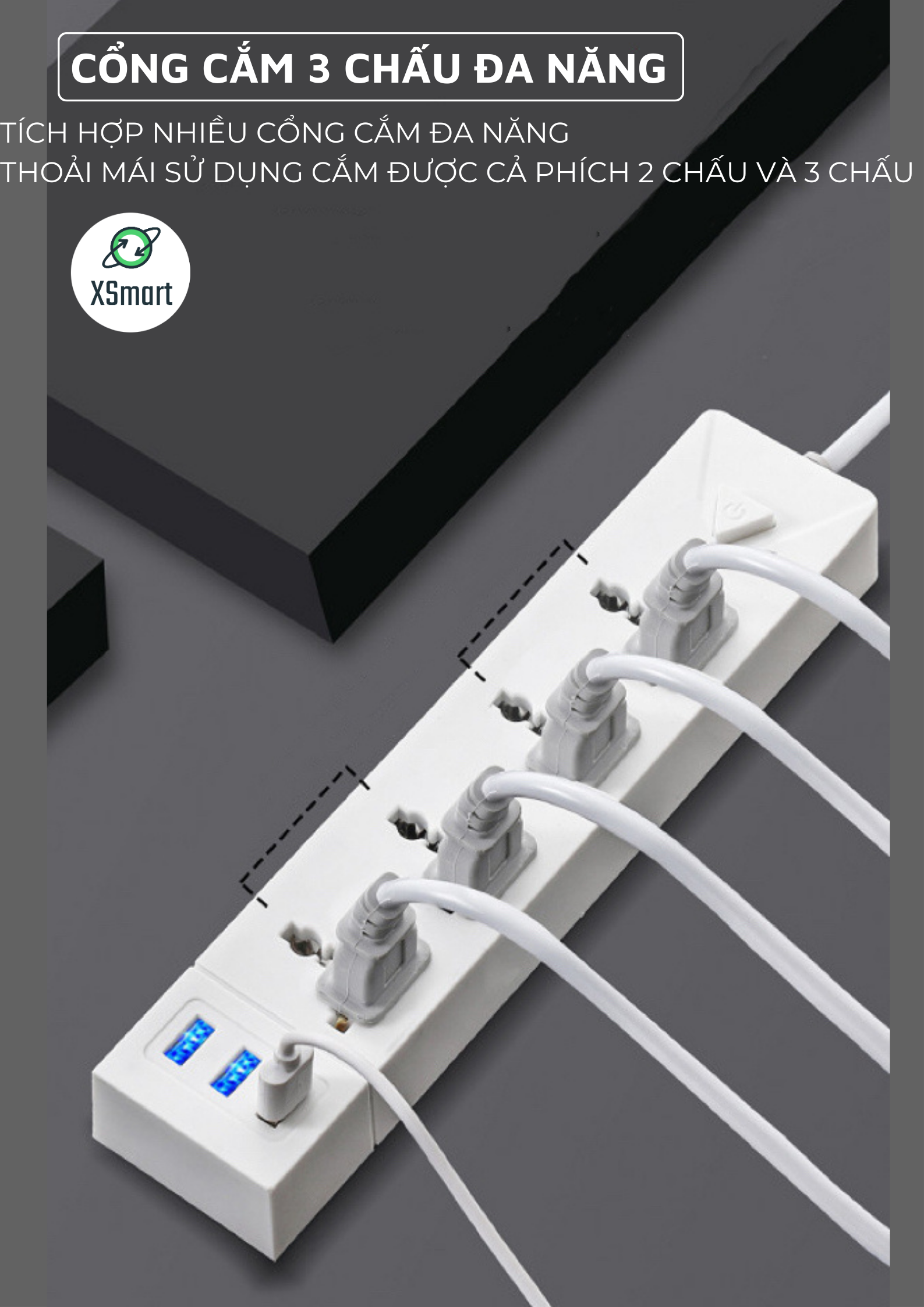 Ổ Cắm Điện Đa Năng Chịu Tải 2500w Cắm Mọi Thiết Bị Tích Hợp Cổng USB 5V Tiện Lợi Dây Dài 2,8 Mét Chống Cháy Nổ Cực An Toàn -Hàng Chính Hãng