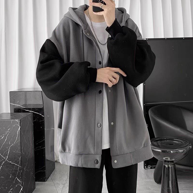 Áo Khoác Hoodie Nam Nữ Nỉ Bông Dày Dặn Có Nón Form Rộng Nút Bấm Phối Tay 2 Màu Thời Trang Sành Điệu