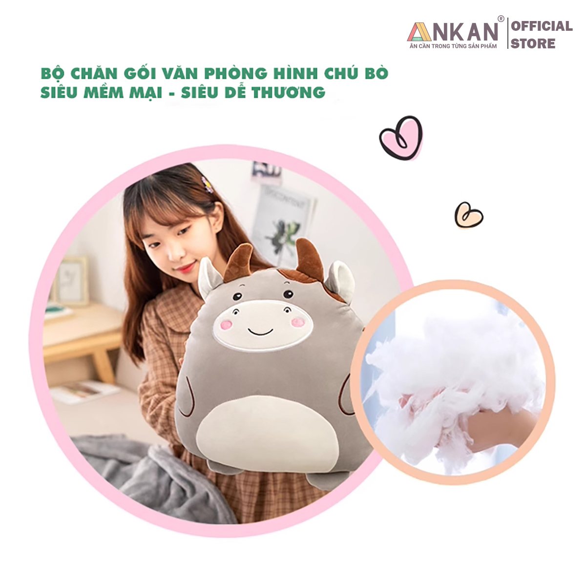 Chăn Gối Văn Phòng 3 Trong 1 Kiểu Bò Siêu Dễ Thương Dùng Để Ngủ Tại Văn Phòng Trên Sofa Màu Sắc Nhã Nhặn Vải Nỉ Siêu Mềm Mịn