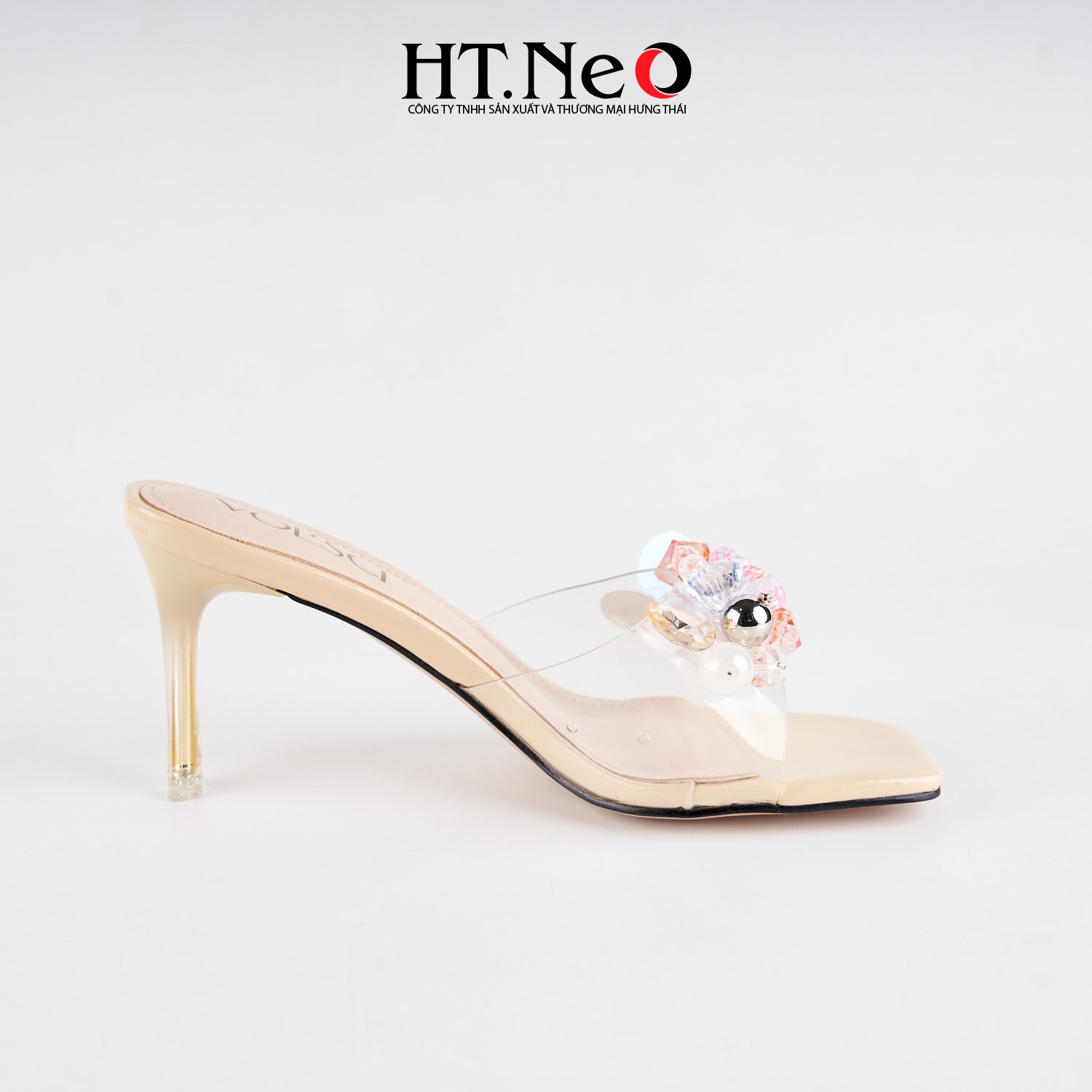 Sandal nữ da SDN170 cao 8p thiết kế trẻ trung, độc đáo với quai dép mica trong suốt đính hoa đá