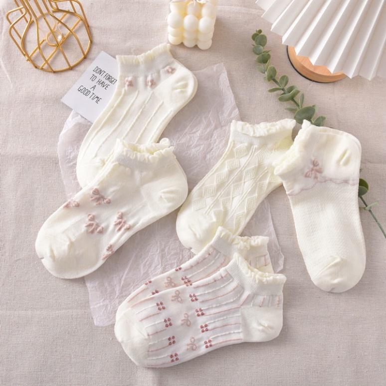 Set 10 Đôi Tất Vớ Nữ Cổ Ngắn Họa Tiết Nơ Nhún Bèo Cotton Kèm Túi.T37