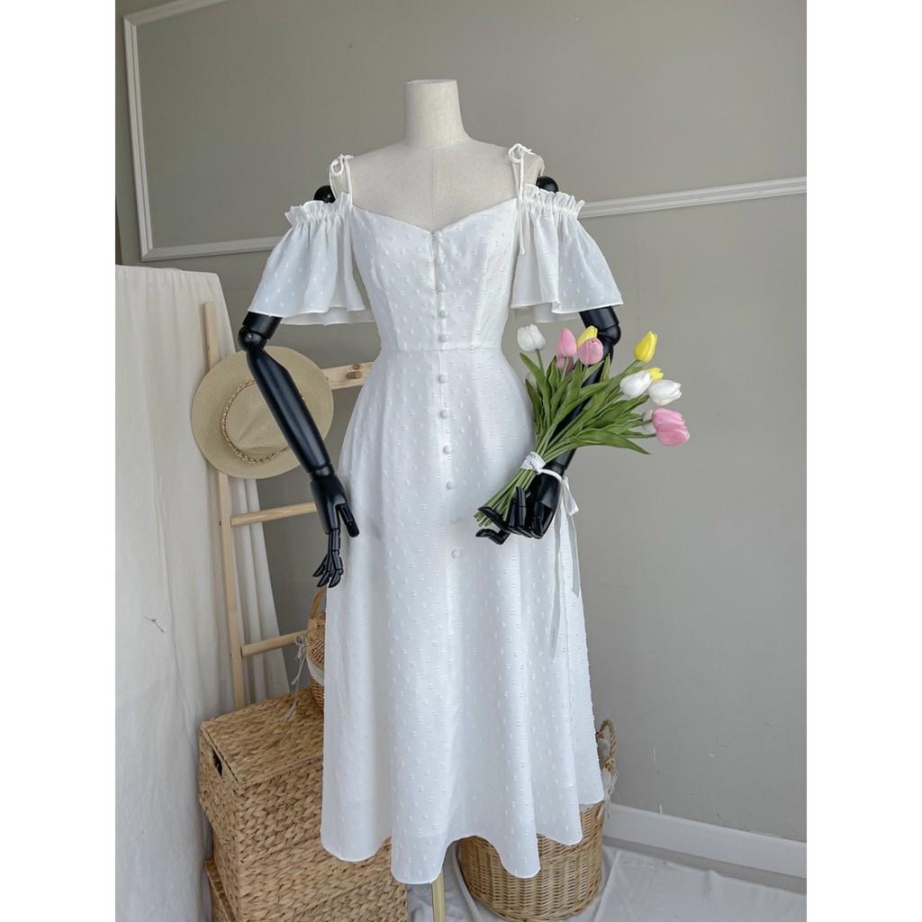 ĐẦM MAXI NÚT BỌC TRỄ VAI CÓ DÂY CỘT VOAN HỘT DÁNG XÒE-hình thật shop chụp