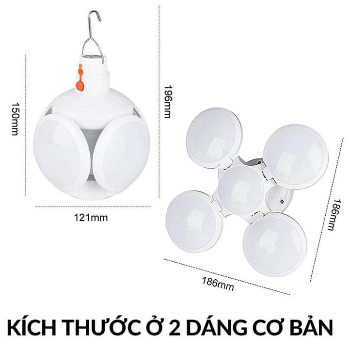 Bóng đèn tích điện 4 cánh sạc tích điện năng lượng mặt trời sử dụng từ 6 đến 8 tiếng, 5 chế độ sáng