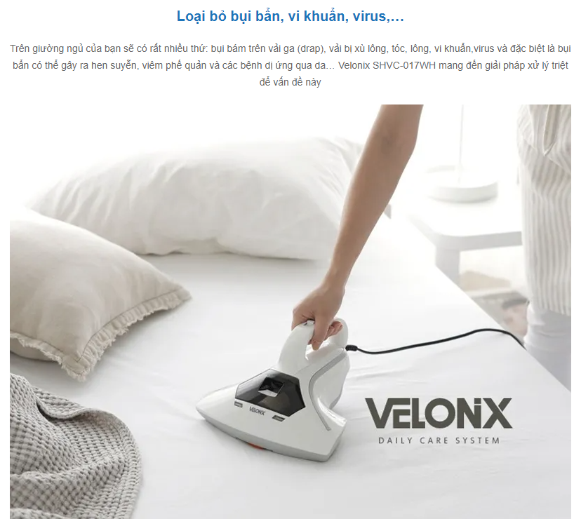 Máy Hút Bụi Giường Nệm Cầm Tay Velonix, Hút Bụi Giường, Đệm, Công Suất 300W Giúp Loại Bỏ 99% Vi Khuẩn, Nội Địa Hàn