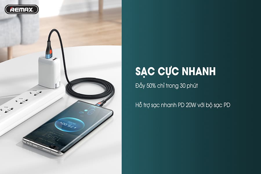 Cáp Sạc Nhanh 22.5w Cho iPhone Remax RC-188i Cổng Type C to ánh sáng - Hàng Chính Hãng