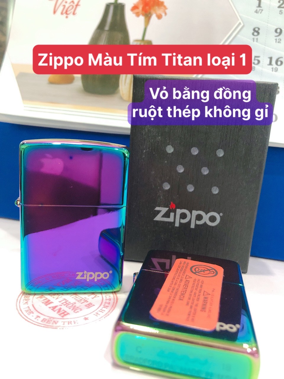 Bật Lửa, hộp quẹt Ziippo USA Màu Tím Titan, (Tím Cầu Vòng - Tím ánh kim, Tím bảy màu) , Vỏ đồng có tem đỏ