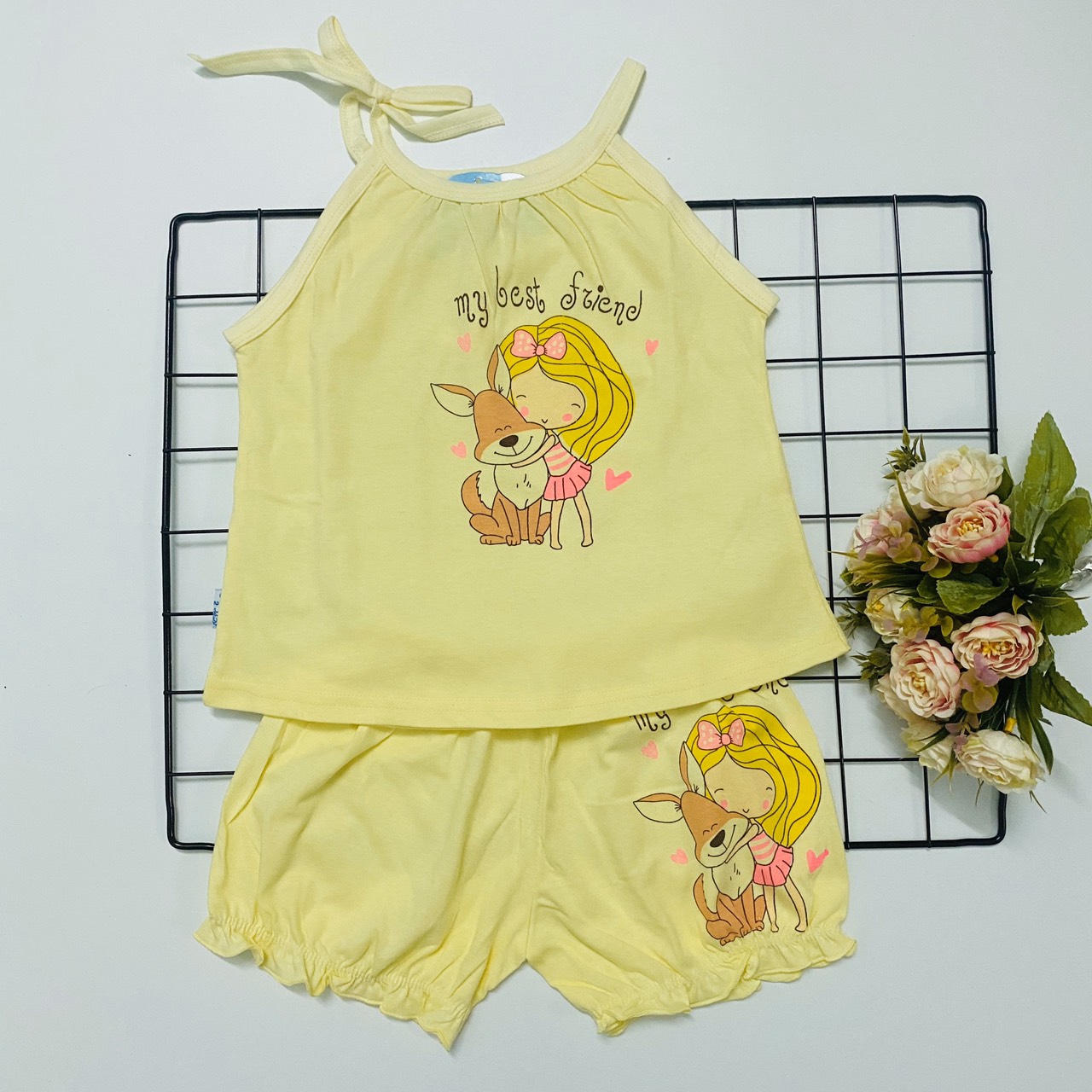 Hình ảnh Combo 3 bộ đồ bộ bé gái cotton mùa hè mẫu áo dây, quần nhún màu nhạt siêu xinh J-TomTomBaby