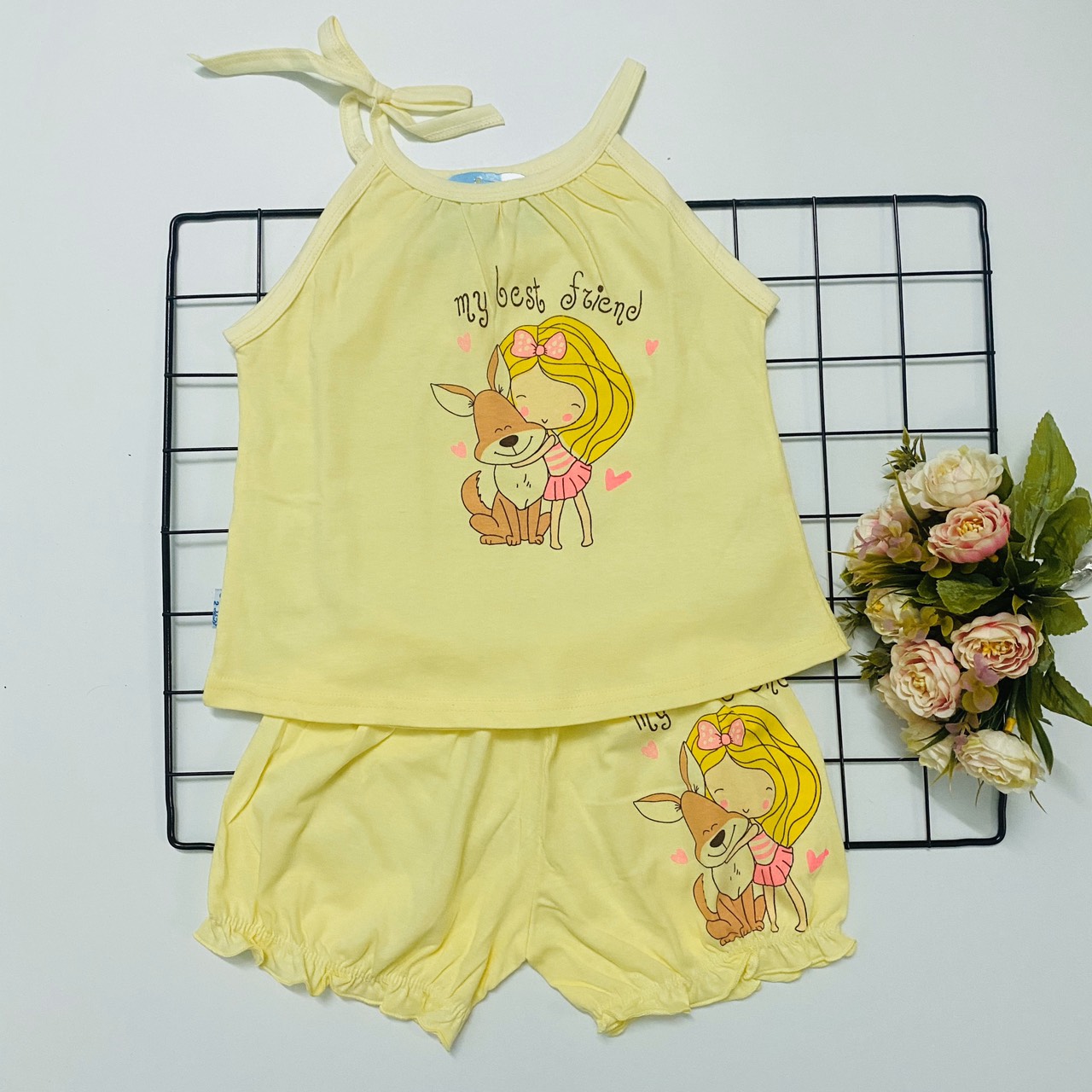 Combo 3 bộ đồ bộ bé gái cotton mùa hè mẫu áo dây, quần nhún màu nhạt siêu xinh J-TomTomBaby