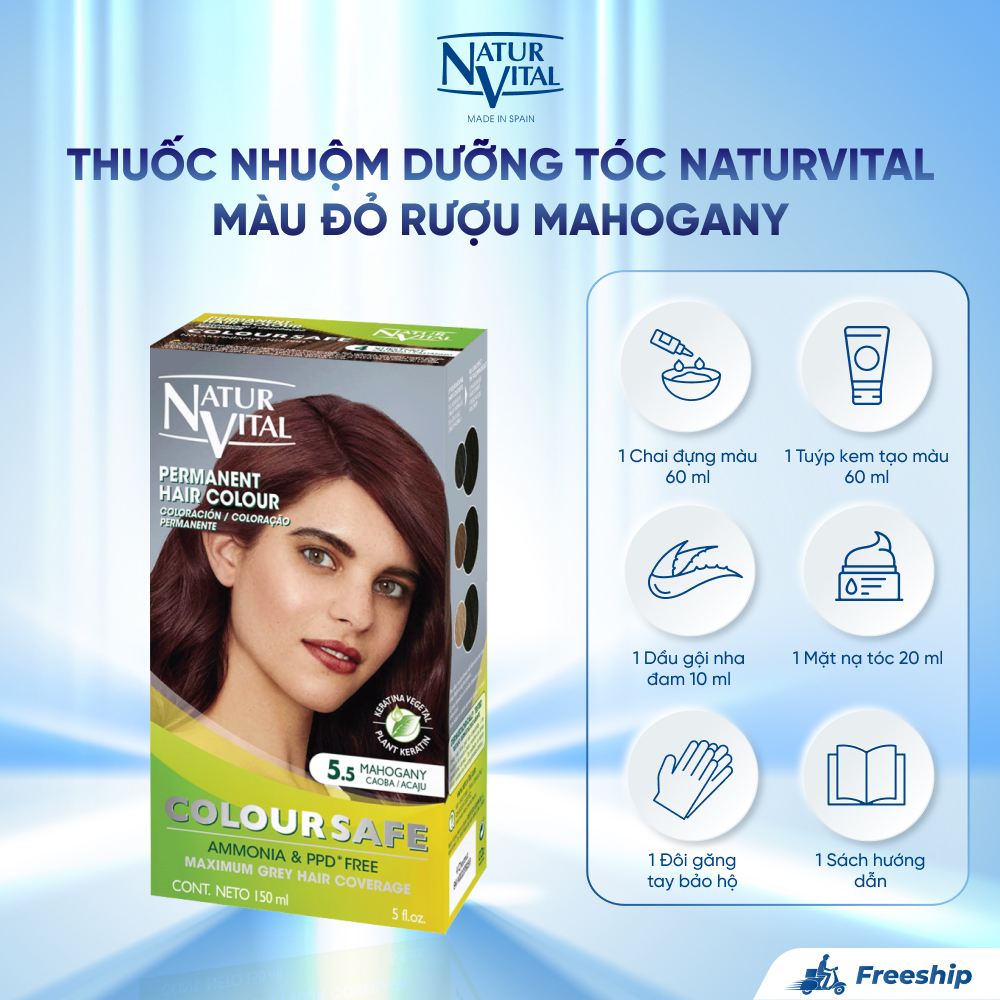 Thuốc Nhuộm Dưỡng Tóc NaturVital Colour Safe Permanent Hair Dye Chiết Xuất Lúa Mì & Đậu Nành, Giúp Làm Mới, Giữ Màu, Mang Đến Độ Mượt Bồng Bềnh - Màu Đỏ Rượu Mahogany