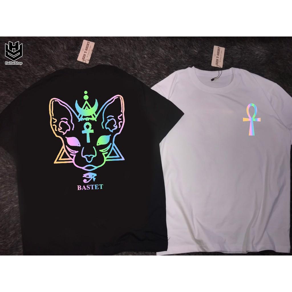 Áo Thun Phản Quang Mèo Bastet Cotton 75%,Form Rộng Unisex,Nam Nữ Đẹp Ken T-Shirt