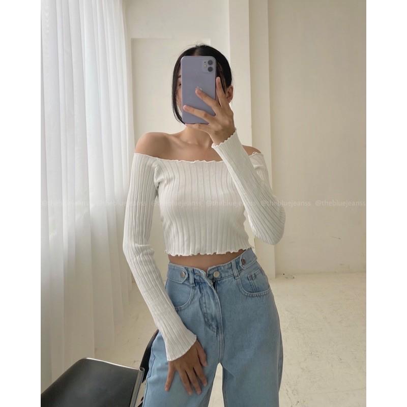 Áo Crop Top Tay Dài Trễ Vai Cuốn Hút, Nữ Tính