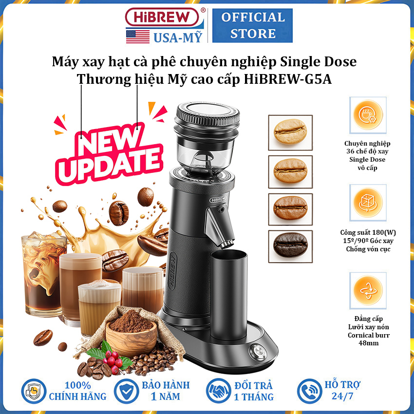 Máy xay cà phê Single Dose HiBREW G5 cao cấp 36 cấp xay vô cấp lưỡi cornical burr 48mm - Hàng Chính Hãng